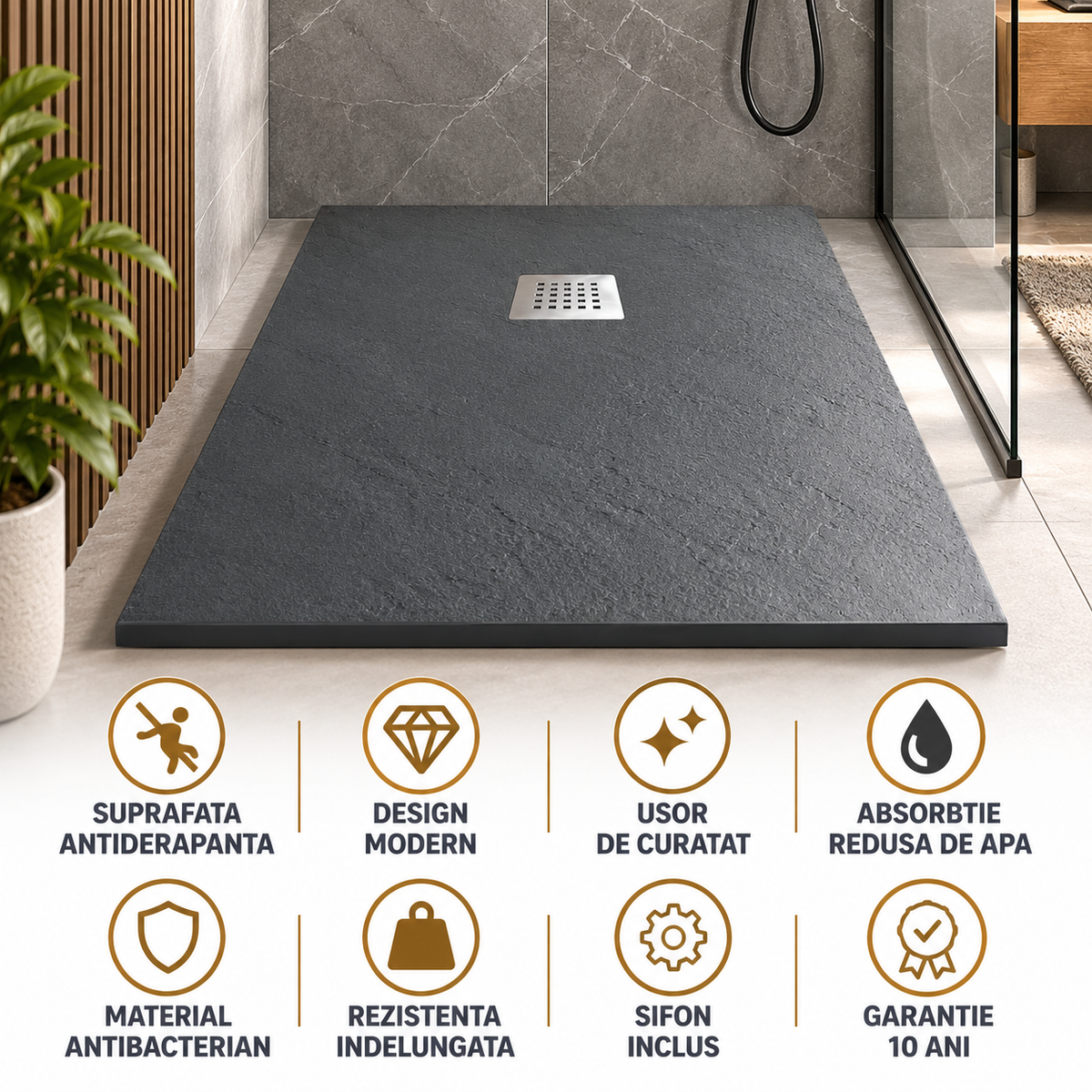 Cadita Dus Gri din Compozit Mineral Antiderapanta cu Sifon Inclus