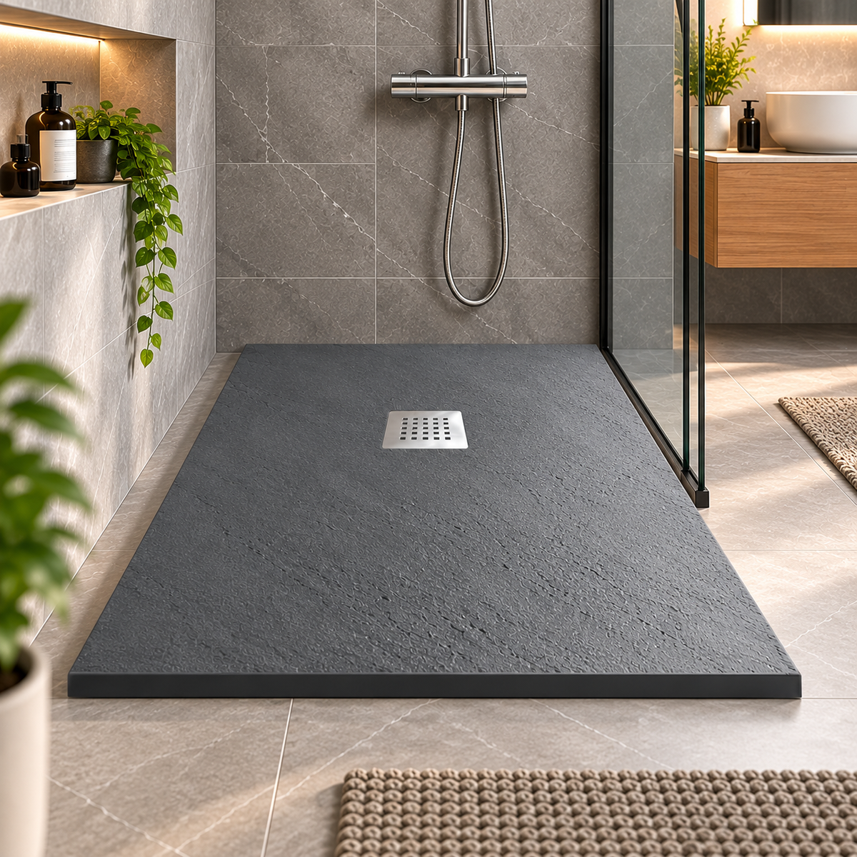 Cadita Dus Gri din Compozit Mineral Antiderapanta cu Sifon Inclus