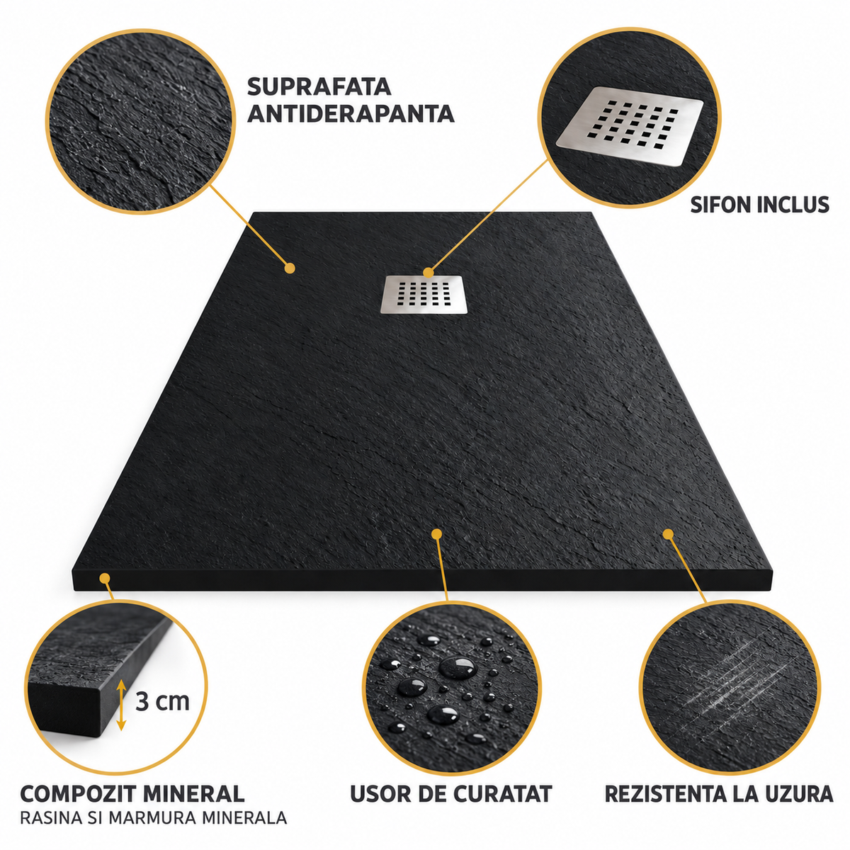 Cadita Dus Antracit din Compozit Mineral Antiderapanta cu Sifon Inclus