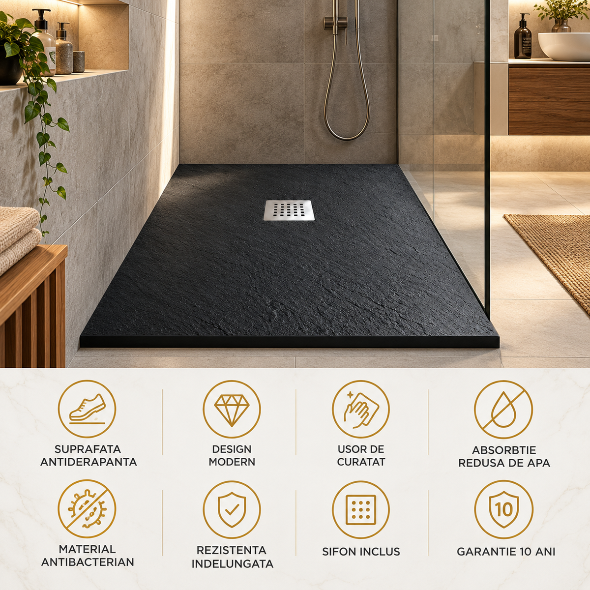Cadita Dus Antracit din Compozit Mineral Antiderapanta cu Sifon Inclus