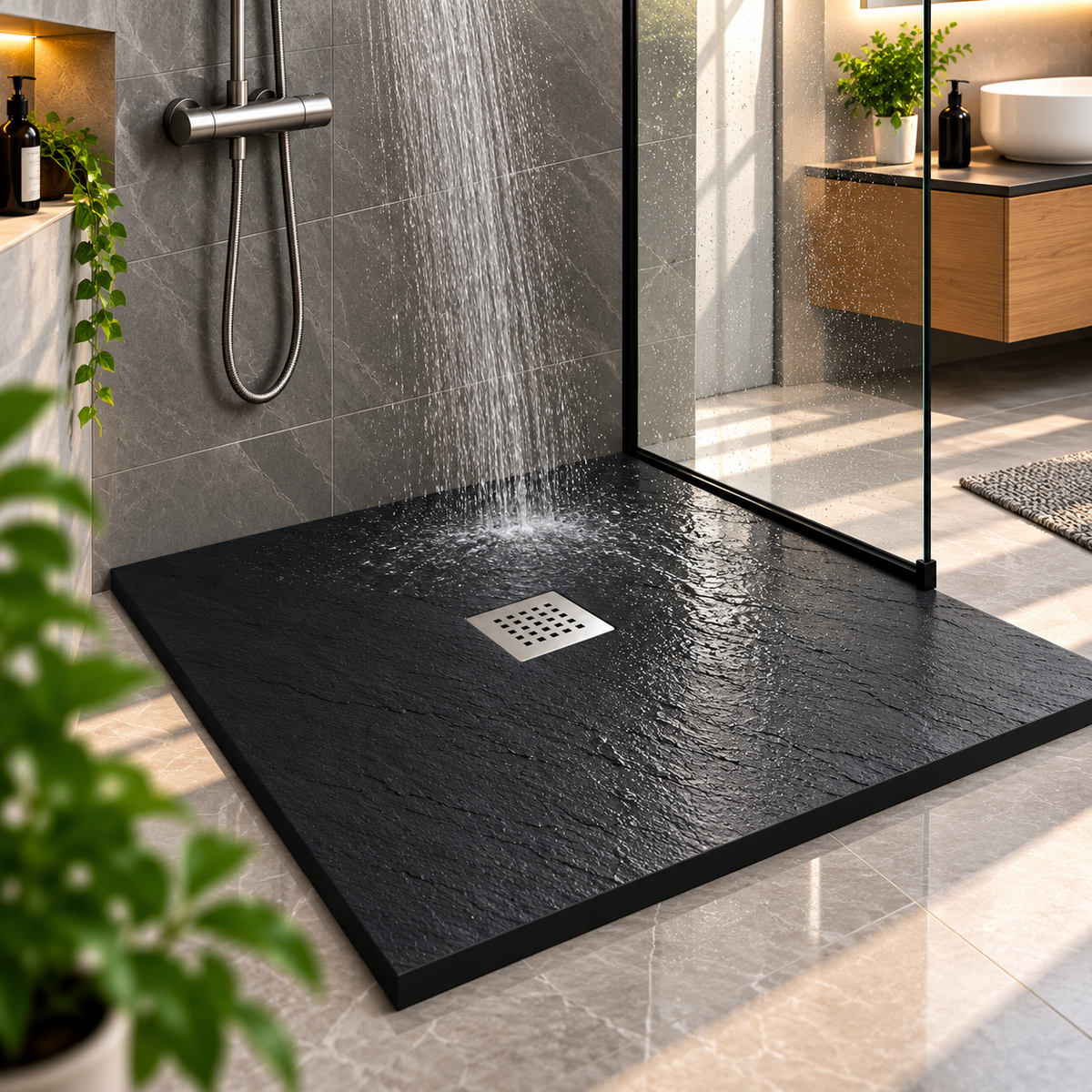 Cadita Dus Antracit din Compozit Mineral Antiderapanta cu Sifon Inclus