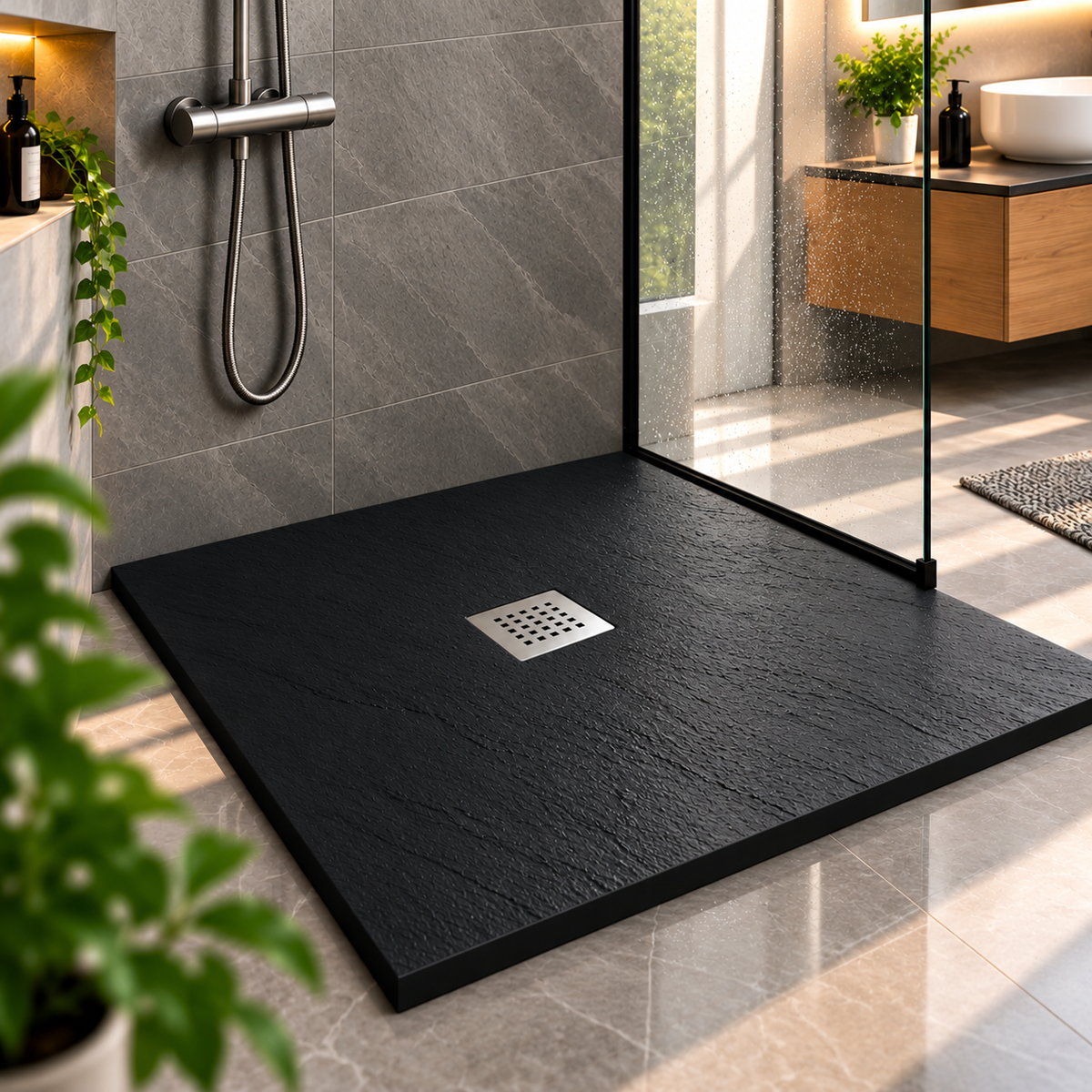 Cadita Dus Antracit din Compozit Mineral Antiderapanta cu Sifon Inclus