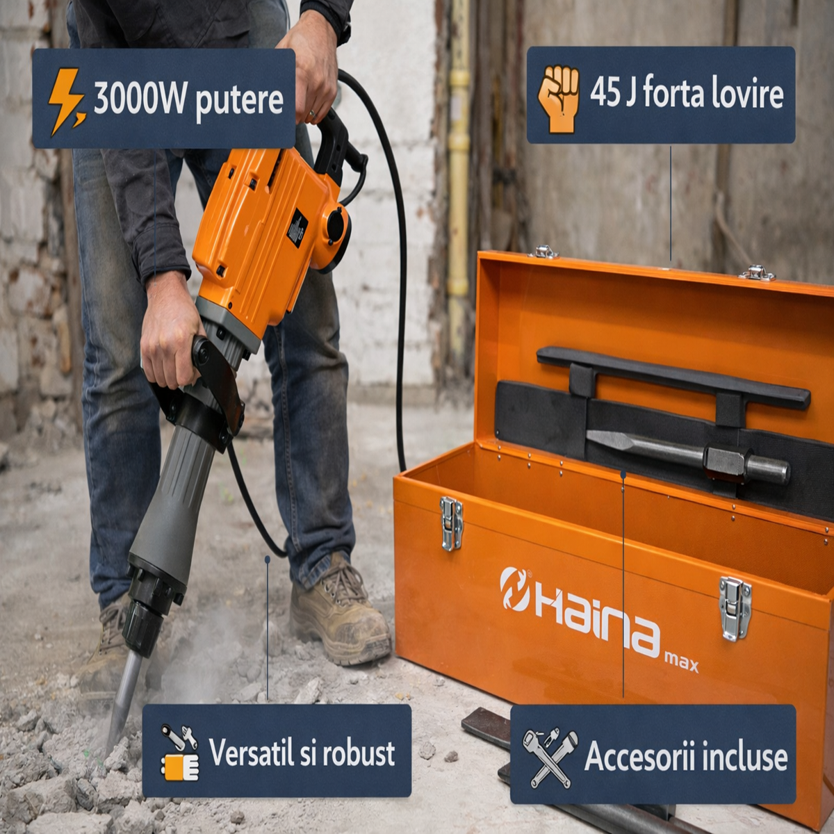 Ciocan demolator 3000W, 48J, maner 360°, pentru beton si zidarie