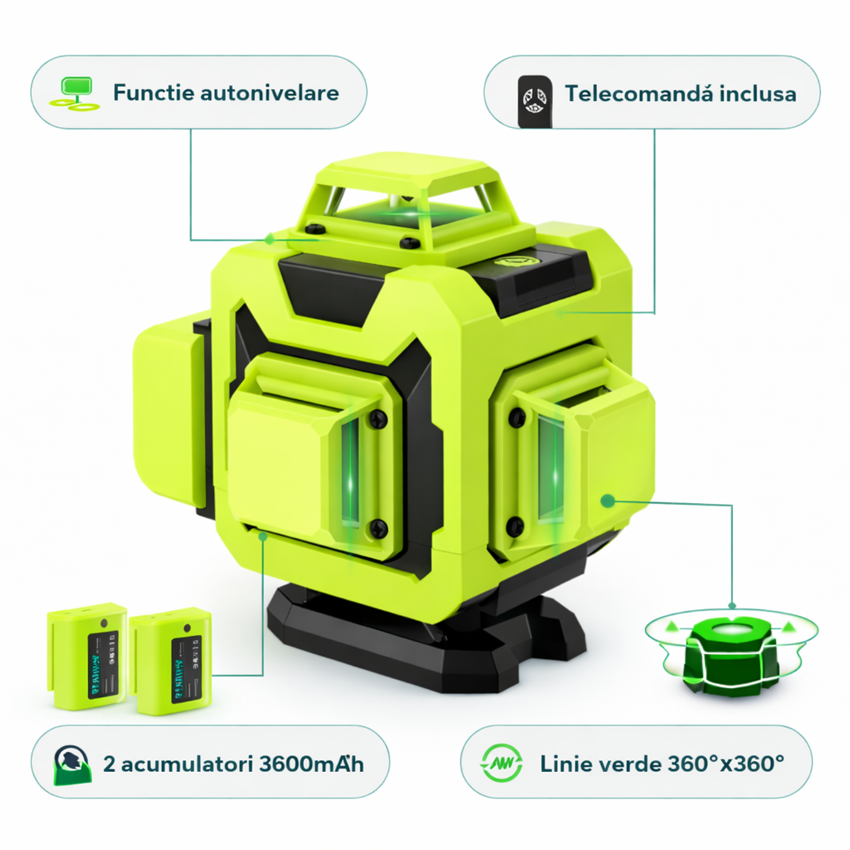Nivel Laser STANEW cu Linii Verzi – 16 Linii, Auto-Nivelant, cu Afișaj Digital și 2 Baterii