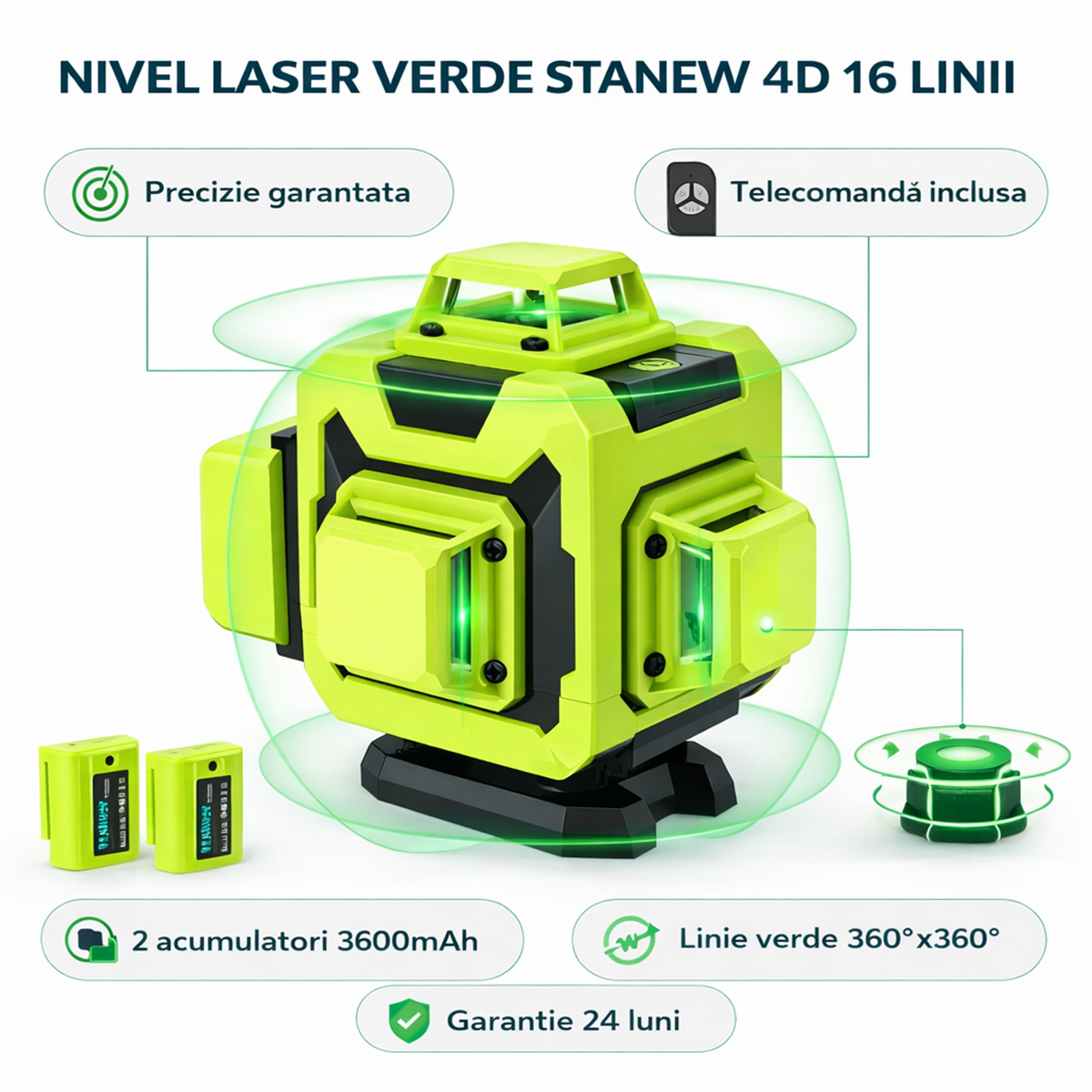 Nivel Laser STANEW cu Linii Verzi – 16 Linii, Auto-Nivelant, cu Afișaj Digital și 2 Baterii