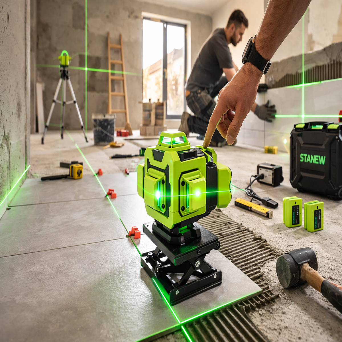 Nivel Laser STANEW cu Linii Verzi – 16 Linii, Auto-Nivelant, cu Afișaj Digital și 2 Baterii