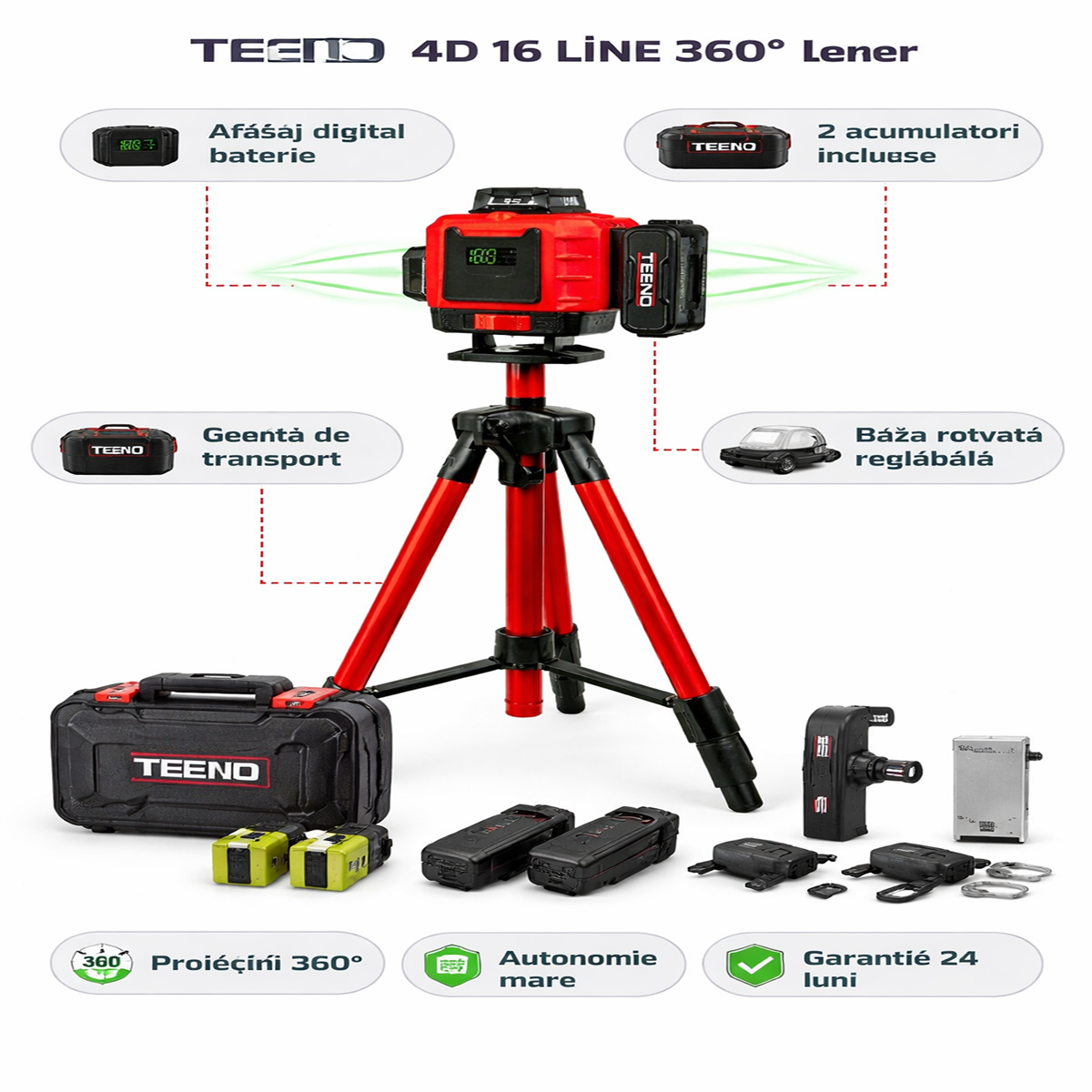 Nivel Laser 360°x4.4D cu 16 Linii Verzi si Afisaj Digital – Acumulatori 4800mAh x2