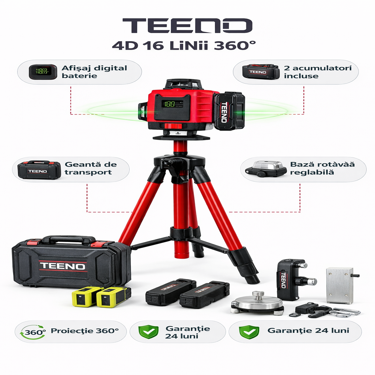 Nivel Laser 360°x4.4D cu 16 Linii Verzi si Afisaj Digital – Acumulatori 4800mAh x2