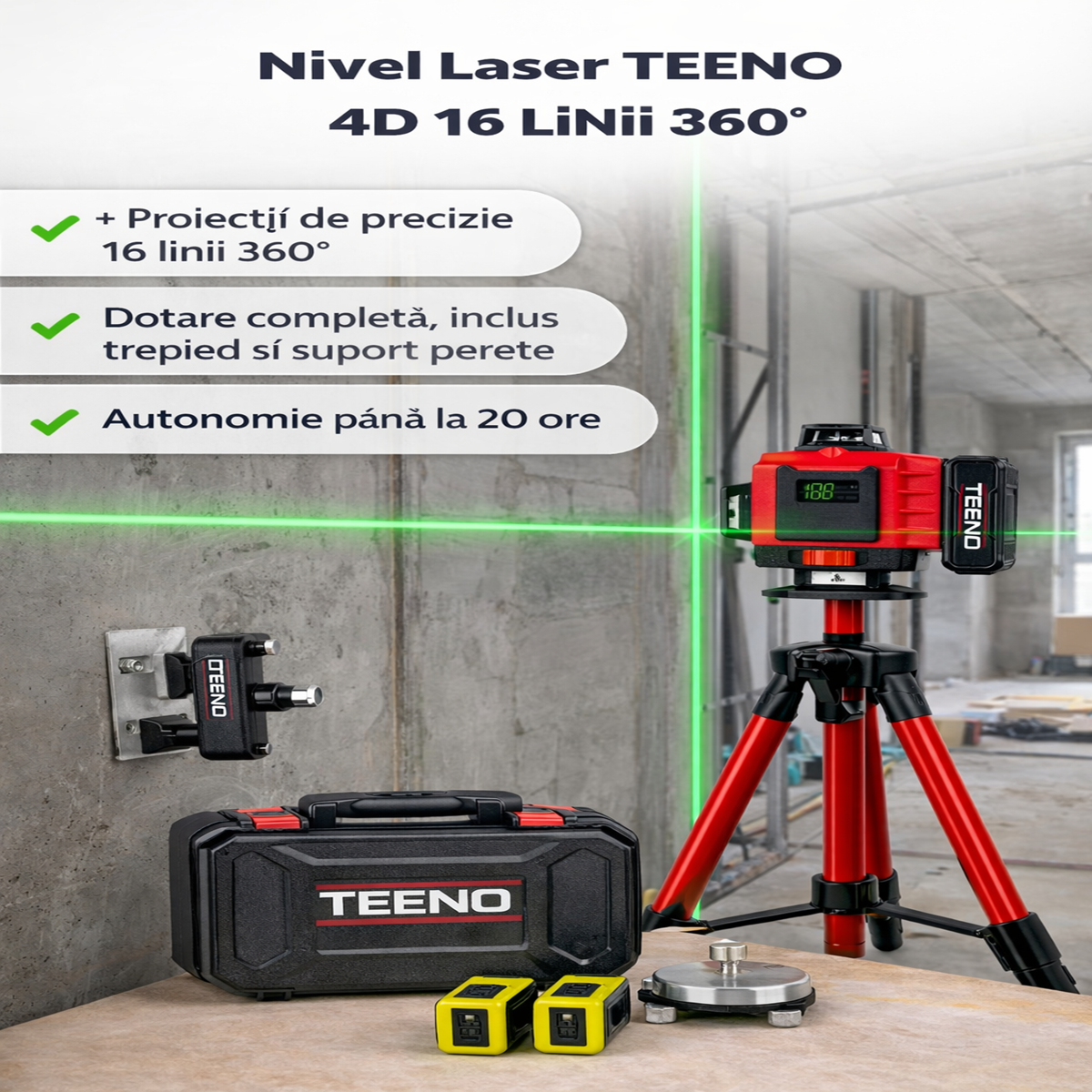Nivel Laser 360°x4.4D cu 16 Linii Verzi si Afisaj Digital – Acumulatori 4800mAh x2